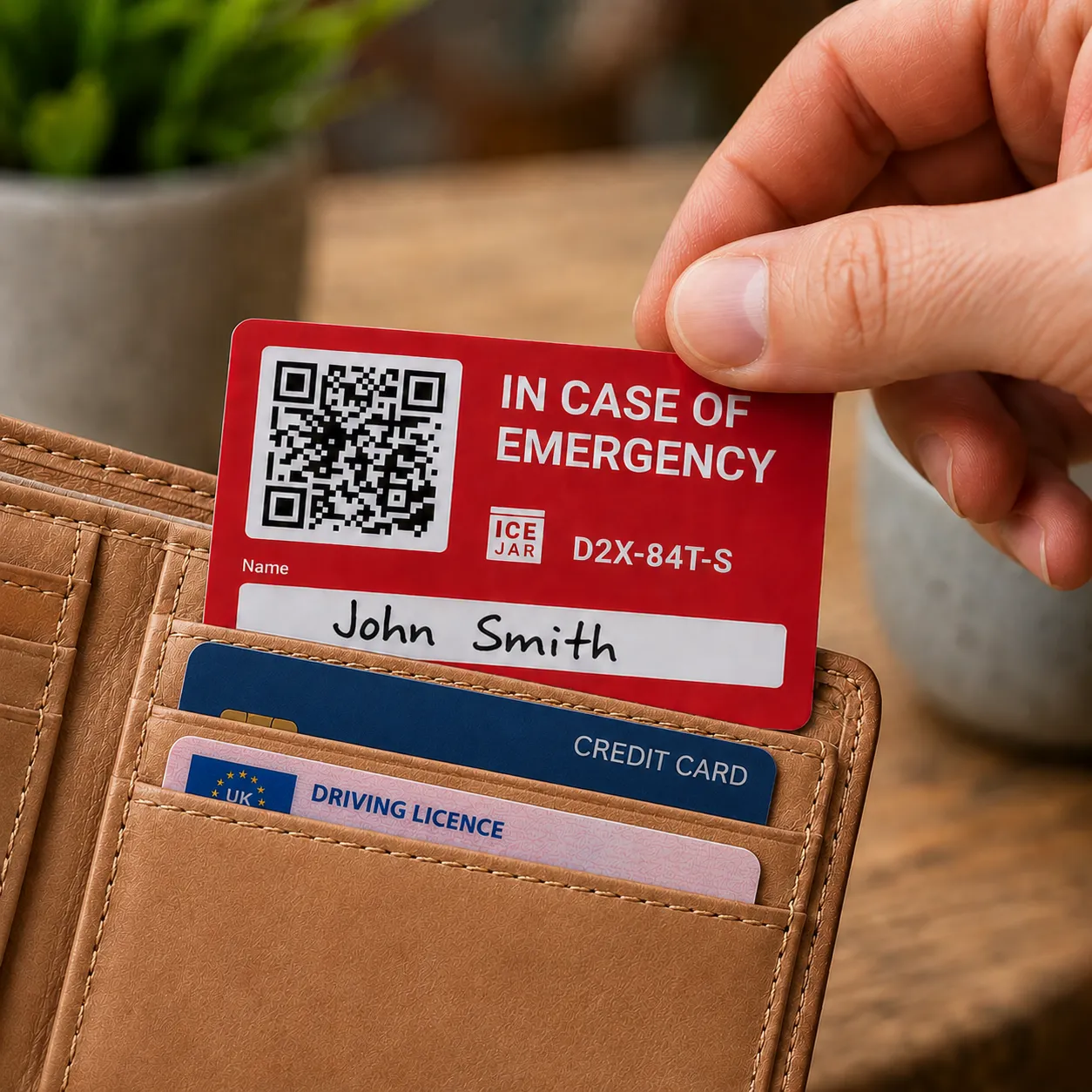 ICE Jar QR code card being pulled from a wallet